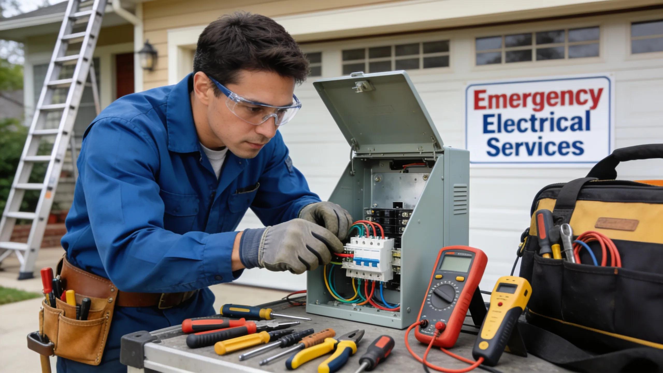 Electrician in Sandy Springs, GA working on a residential electrical panel, showcasing emergency electrical services