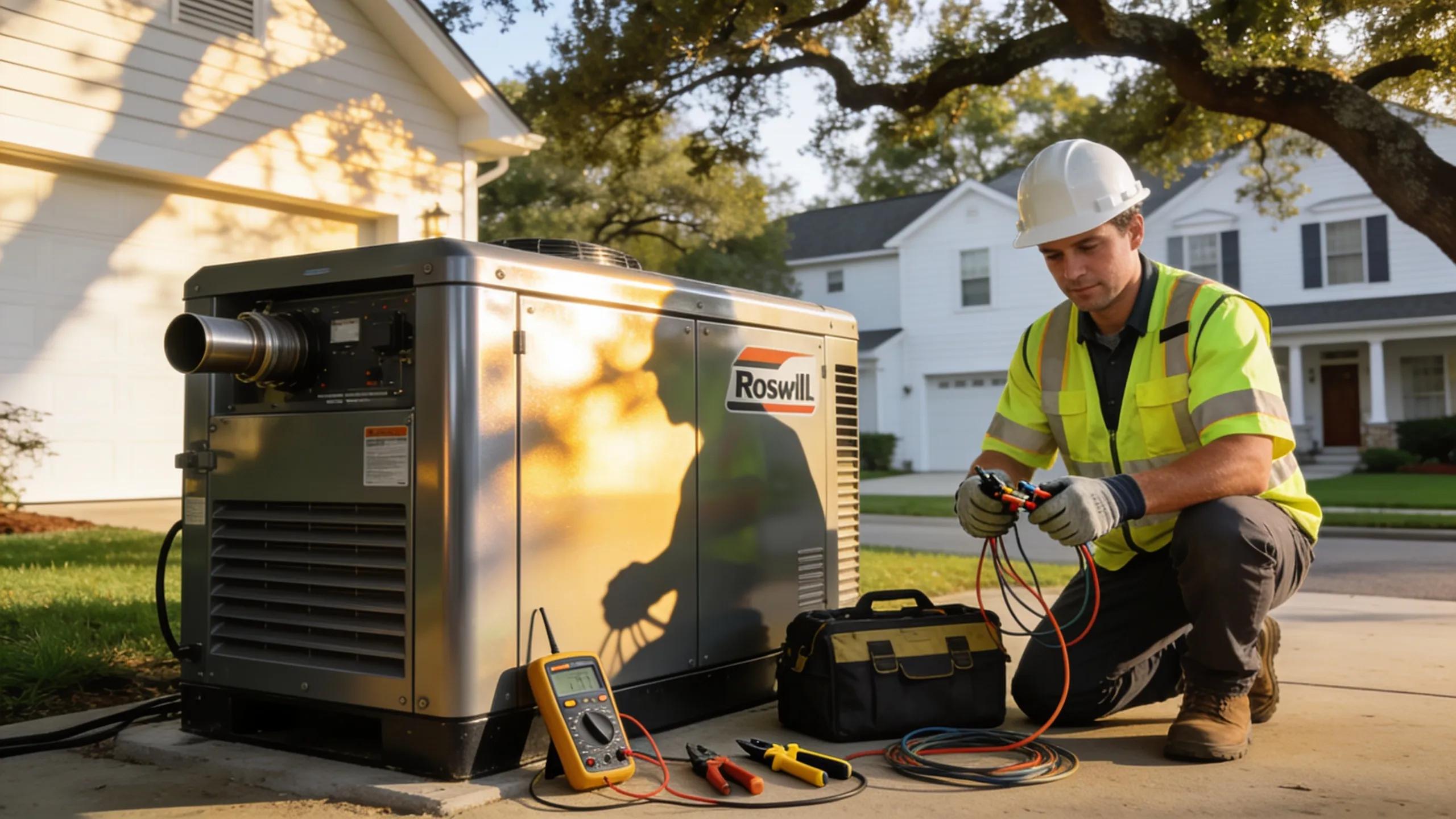 Electrician installing a whole-home generator outside a house, showcasing professional electrical services in Roswell