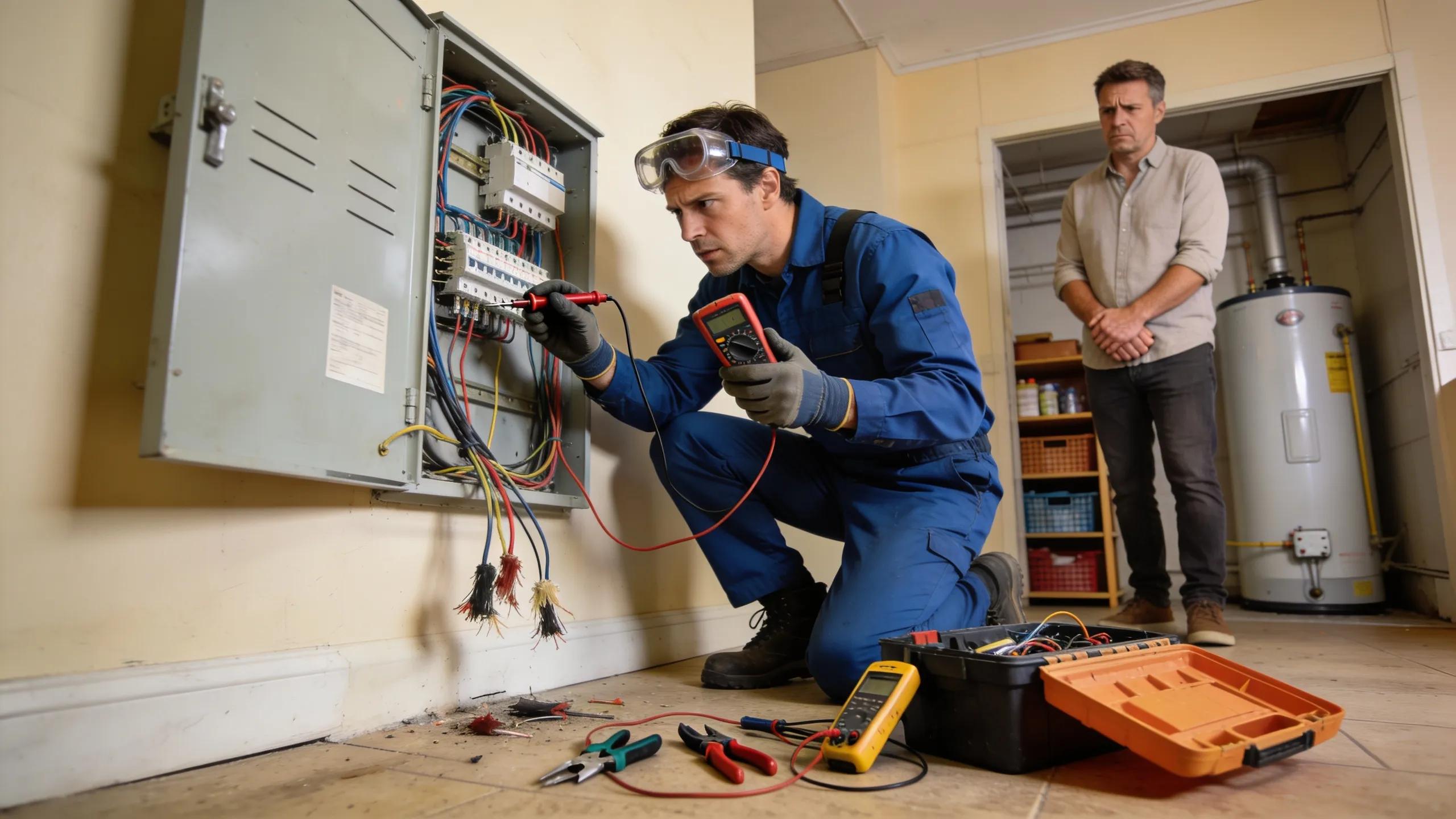 Licensed electrician responding to a home electrical emergency with tools and equipment
