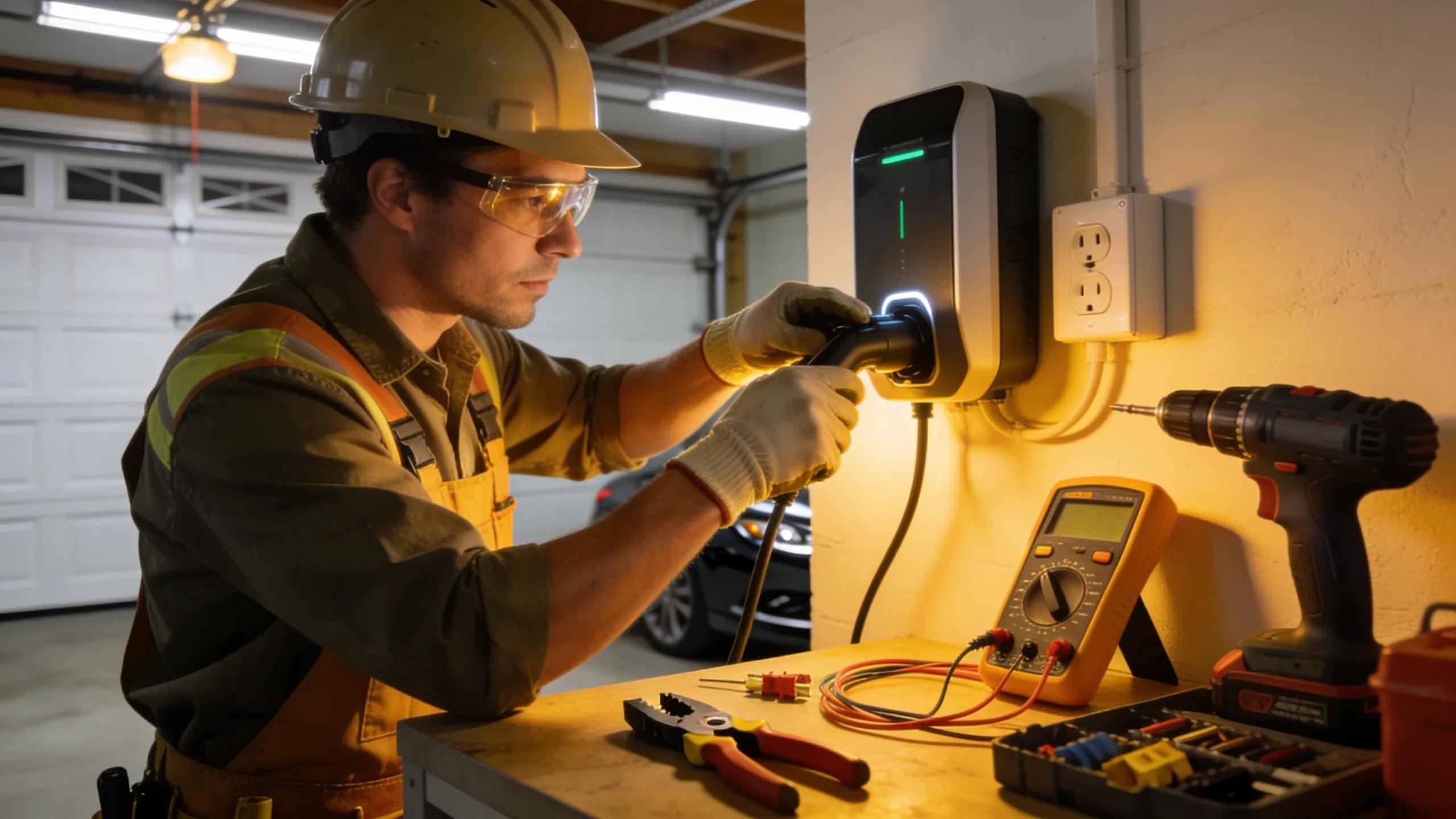 Electrician installing an EV charging station in a residential garage, demonstrating expert electrical services